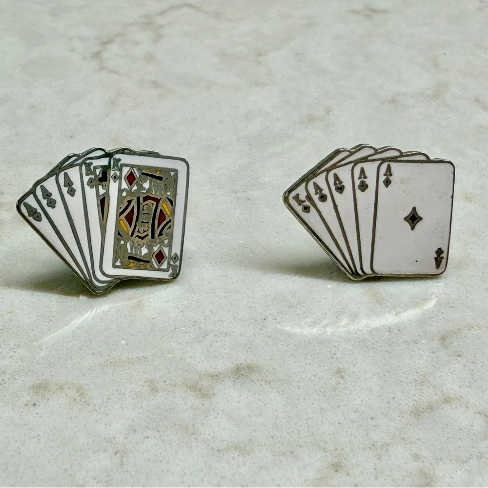 SET/2, FOUR ACES & FULL HOUSE, PLAYING CARDS, ENAMEL LAPEL PINS.
